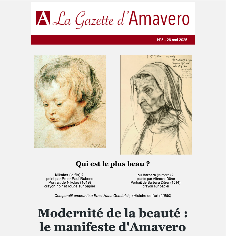 Une couverture de la Gazette d'Amavero avec des portraits de Nikolaus, un enfant, et de Barbara, une femme âgée, accompagnés de descriptions artistiques.
