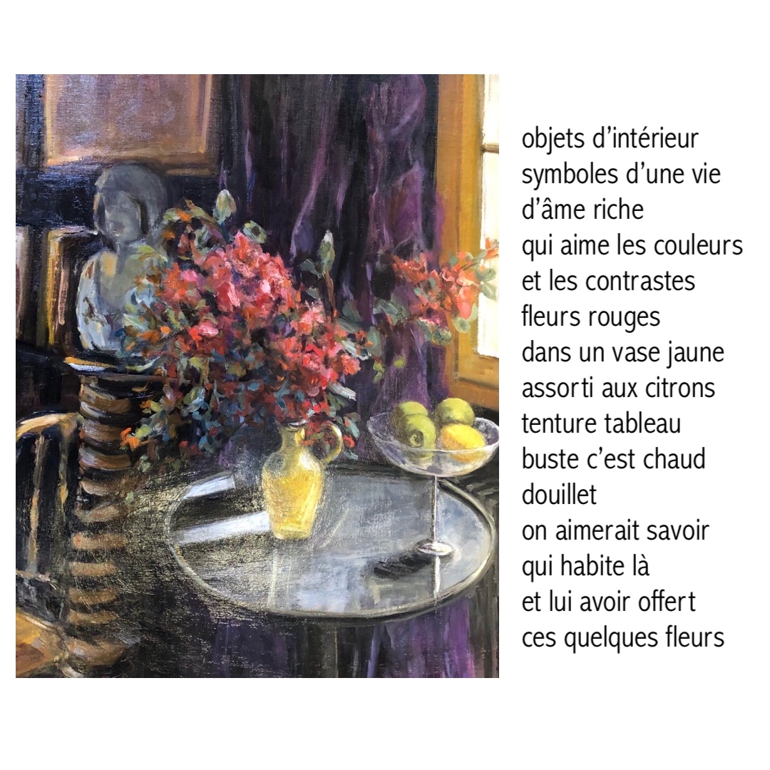 Montage texte (Luc Fayard : « objets d&rsquo;intérieur ») et tableau (Sylvie Verkos « vase jaune »)