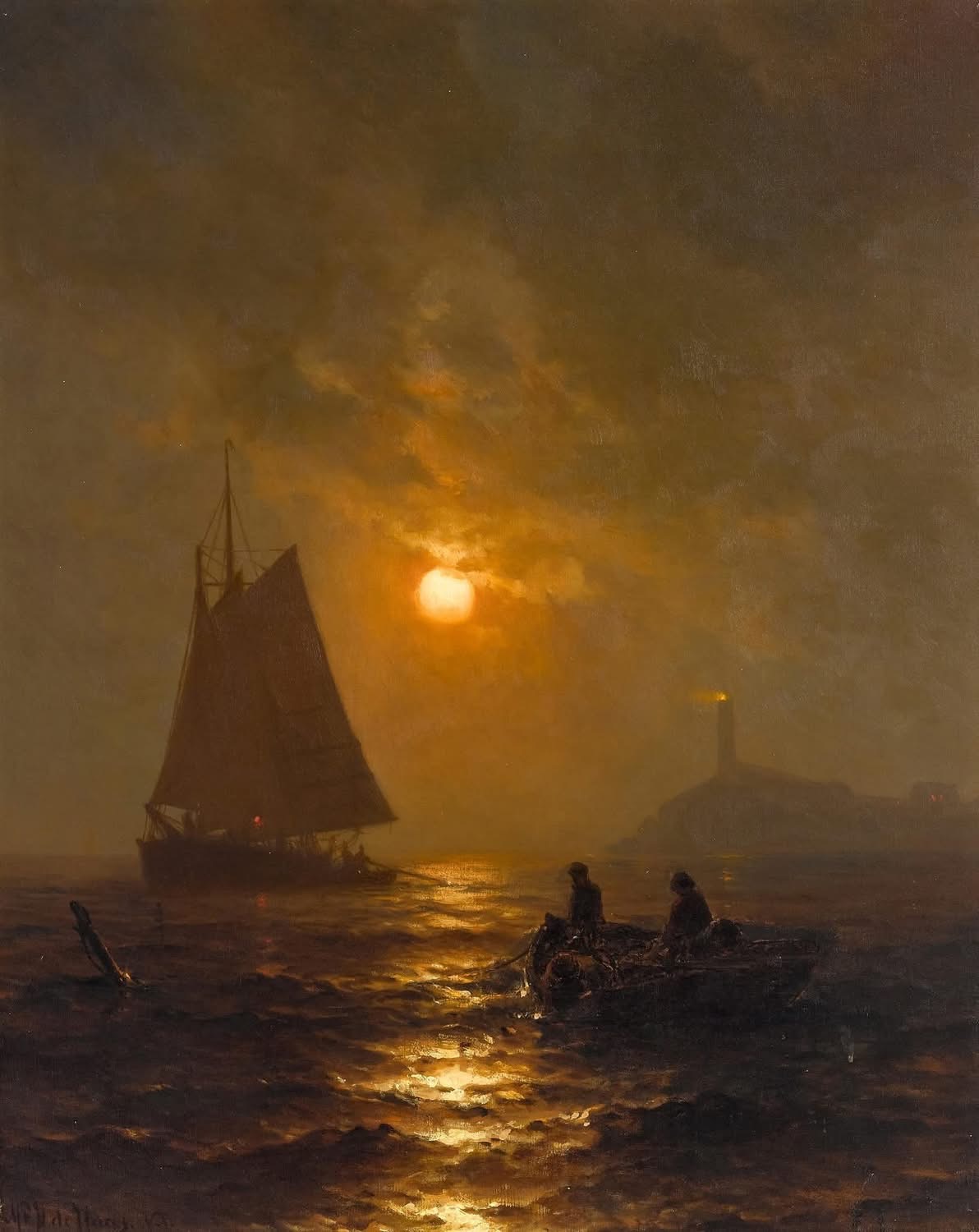 Mauritz de Haas : Nocturne with Lighthouse (1880)
