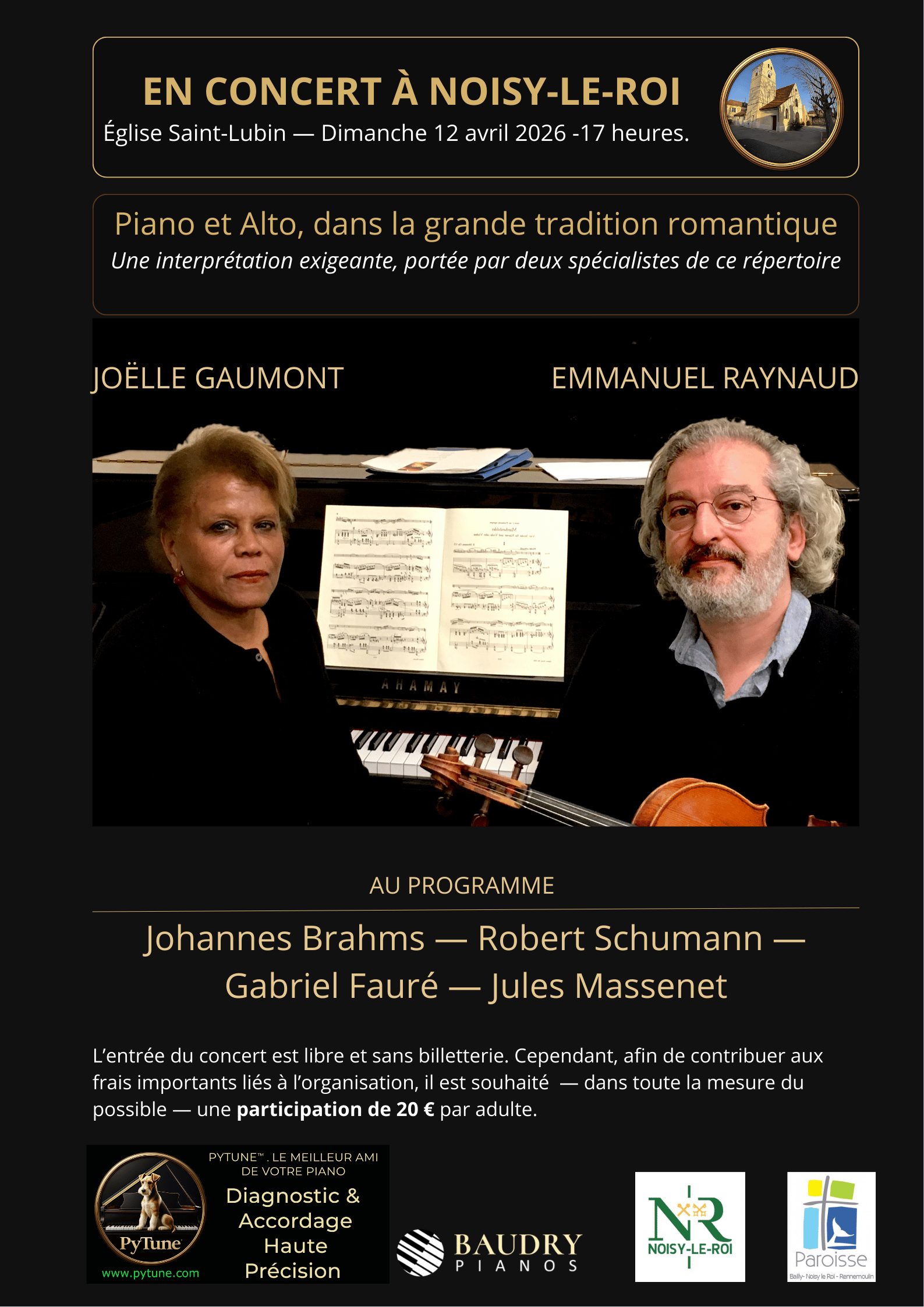 Concert ouvert à tous Brahms-Schumann-Fauré-Massenet (piano-alto) ) Noisy-le-Roi dimanche 12 avril à 17 h